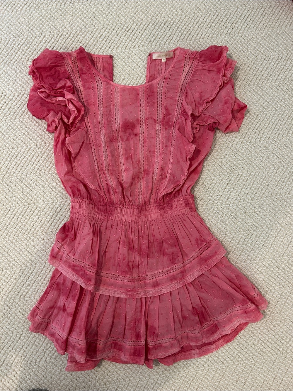 LoveShackFancy Raspberry Pink Eyelet Ruffle Mini Dress